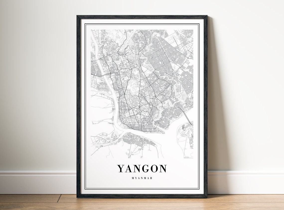 Yangon Myanmar City Street Map Minimal Black White Map Wall Print - Image 5
