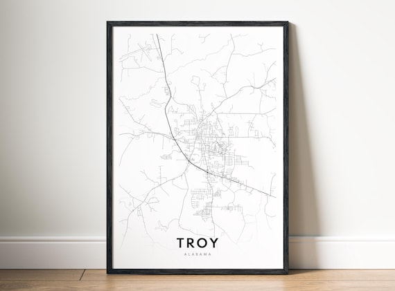 Troy Alabama Map Print Poster Al Black And White Wall Art Sketch