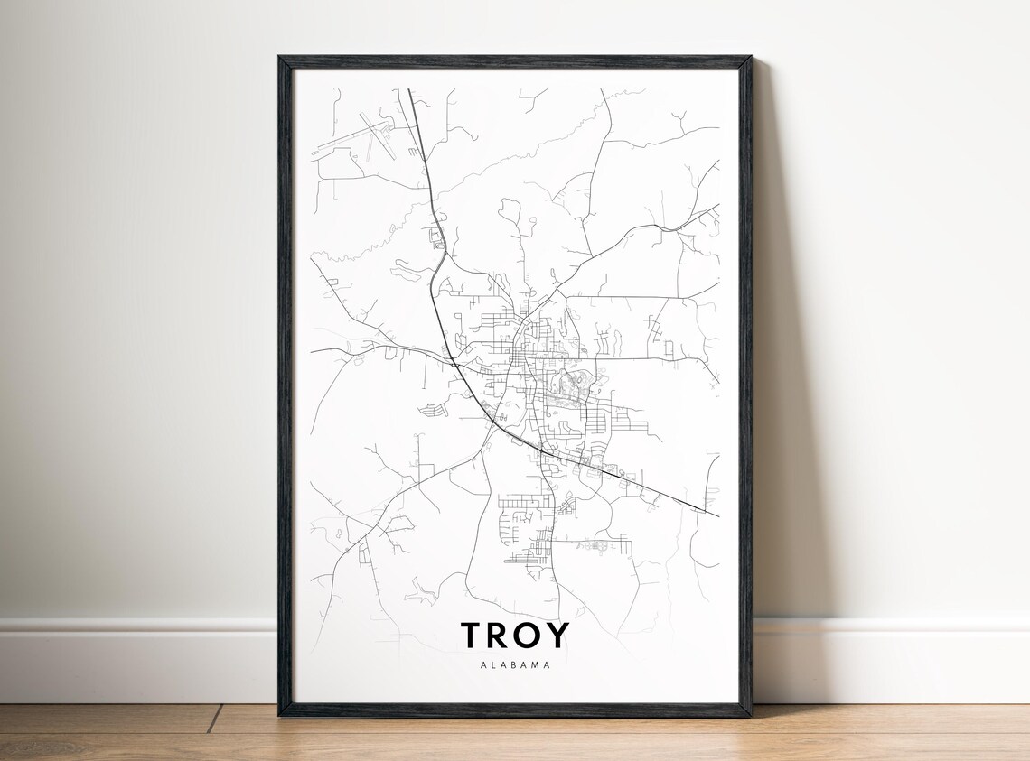 Troy Alabama Map Print Poster Al Black And White Wall Art Sketch