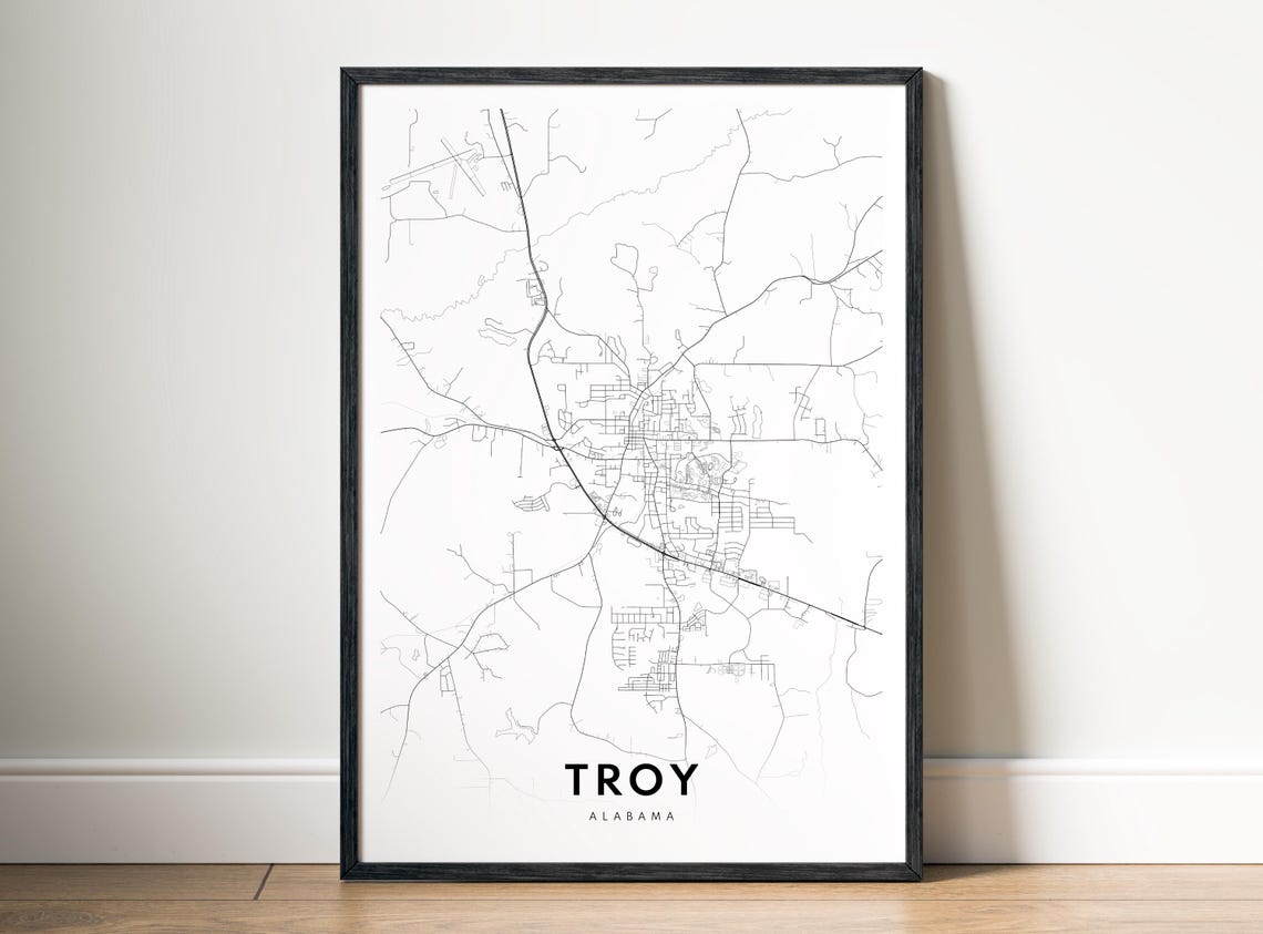Troy Alabama Minimalist Black And White Street Map City Print Modern