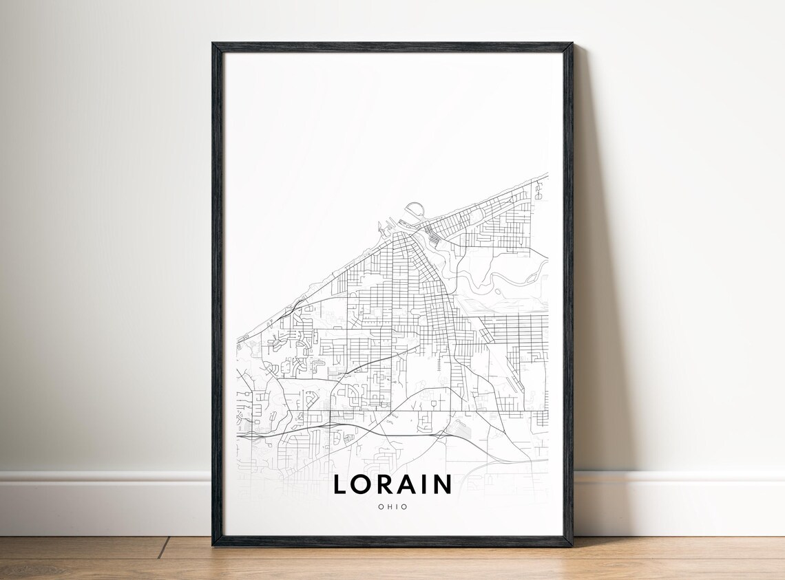 Lorain City Map Poster Ohio Black And White Minimalistic Print