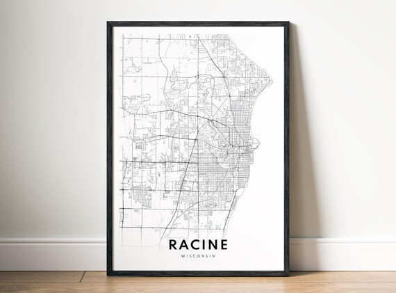 Racine Wi City Map Poster Wisconsin Black And White Minimalistic Print
