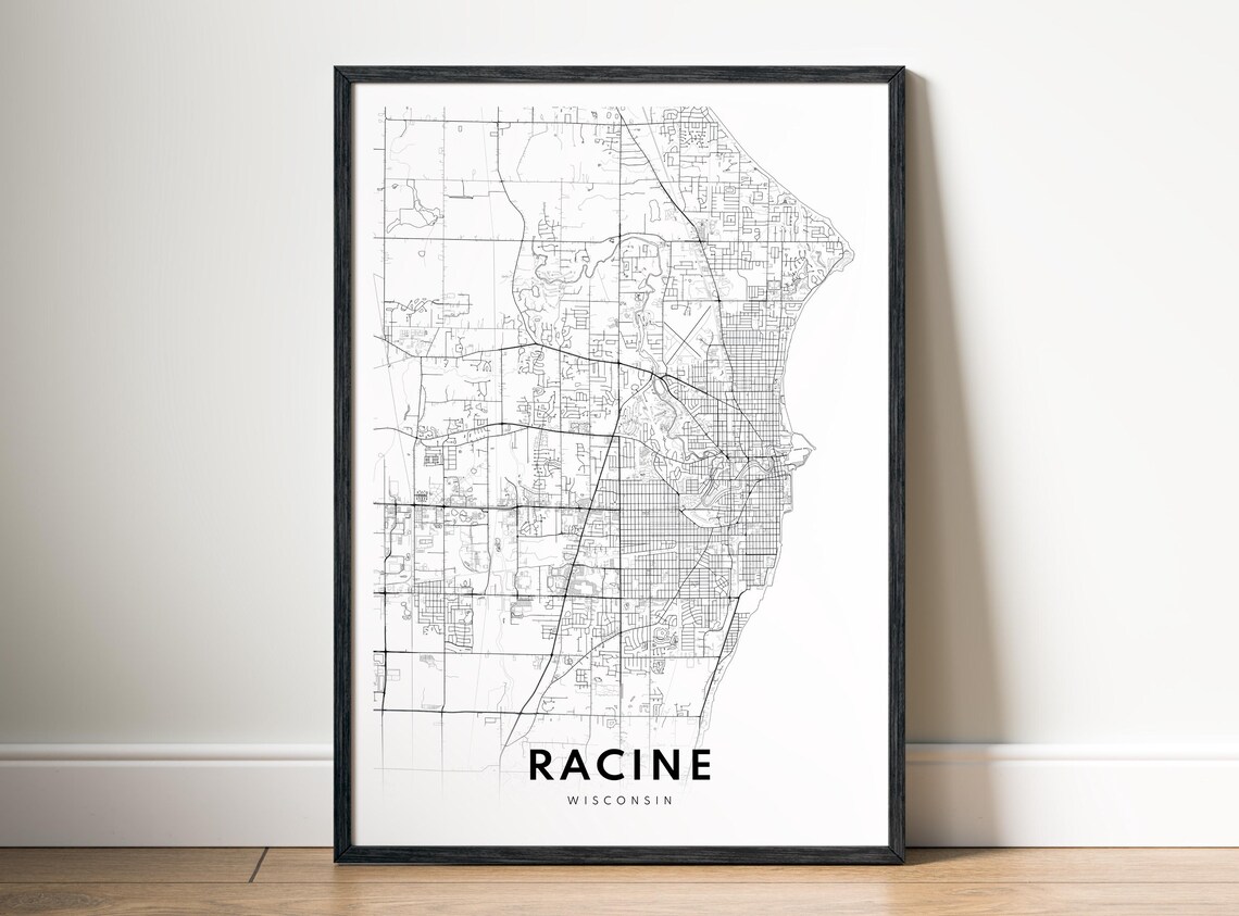 Racine Wi City Map Poster Wisconsin Black And White Minimalistic Print