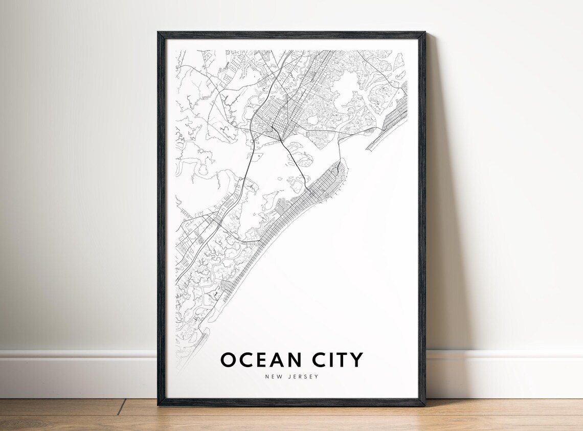Ocean City NJ Map Print, Black and White Outline