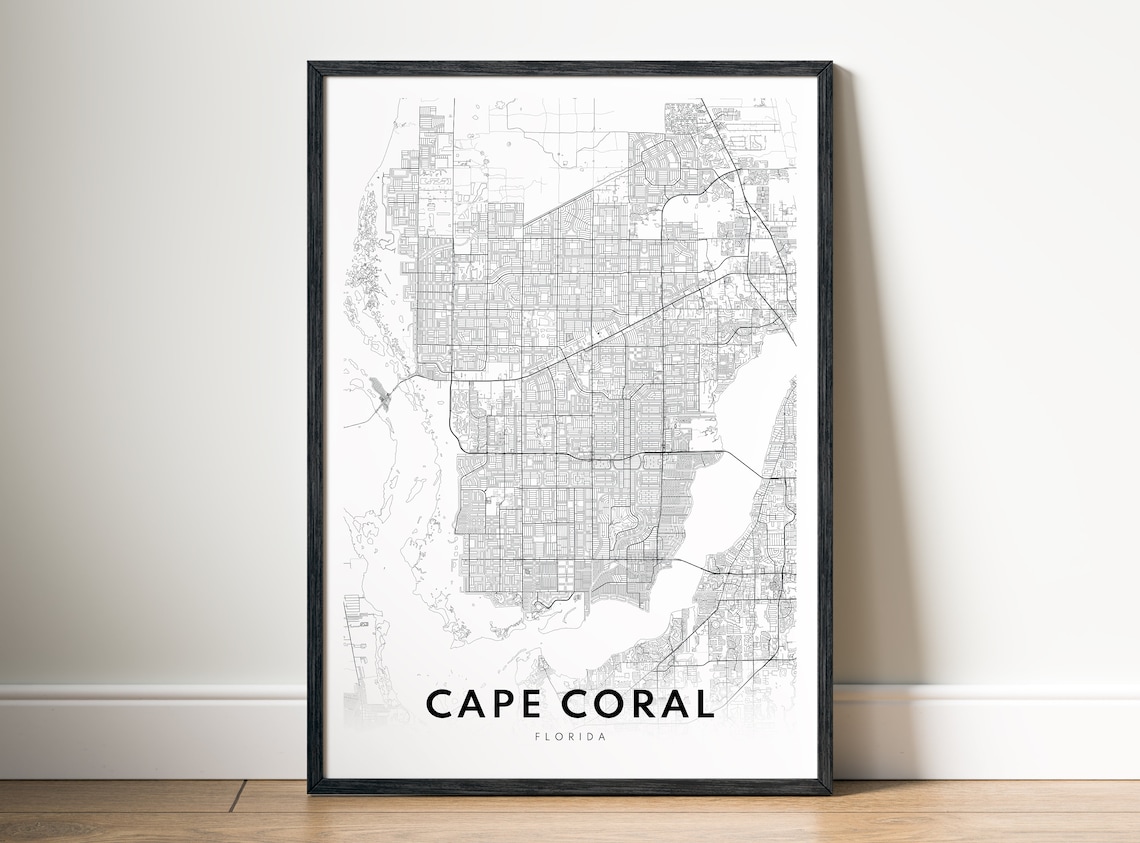 Cape Coral Florida City Map Black White Minimalist Line Art Poster