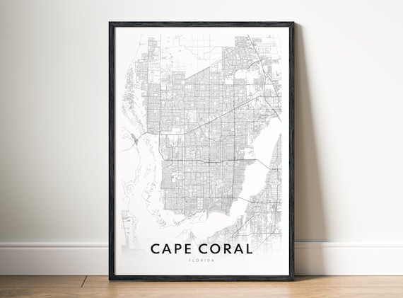 Cape Coral Florida City Map Black White Minimalist Line Art Poster