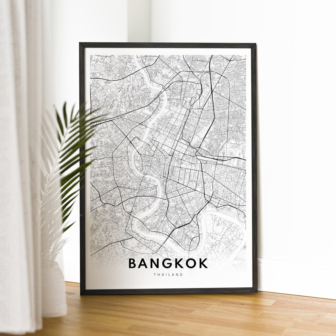 Bangkok Thailand Street Map Black and White City Line Art Poster