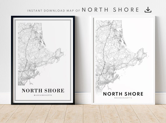 North Shore Massachusetts Map, Black and White Art Print
