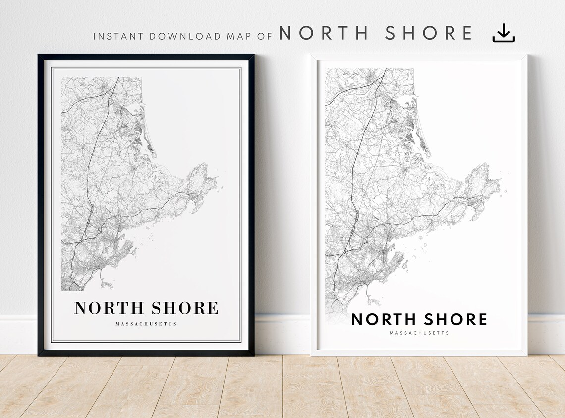 North Shore Massachusetts Map, Black and White Art Print