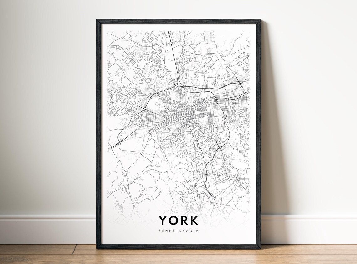 York Pa City Map Poster Pennsylvania Black And White Minimalistic Print