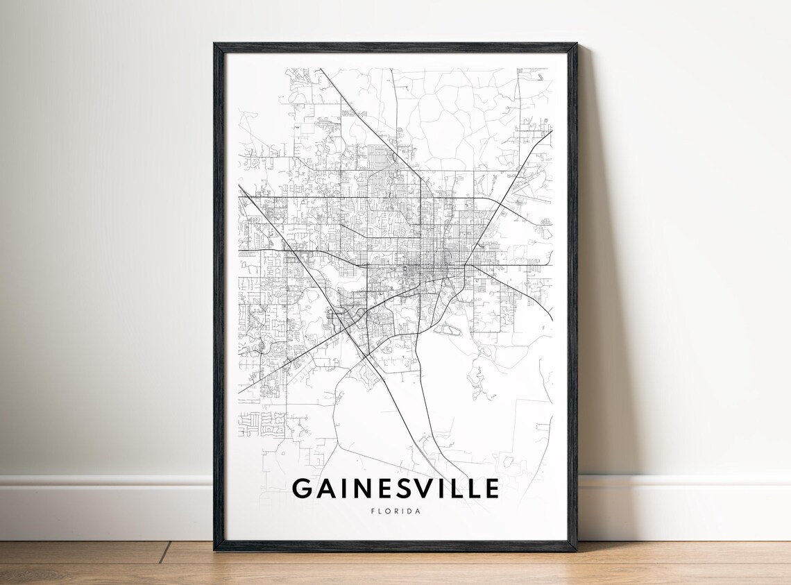 Gainesville City Map Poster Florida Black And White Minimalistic Print