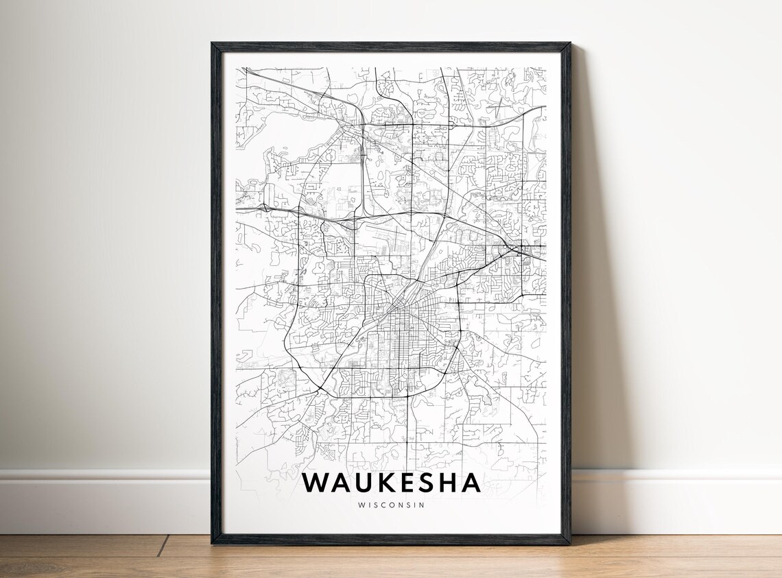 Waukesha Wi City Map Poster Wisconsin Black And White Minimalistic