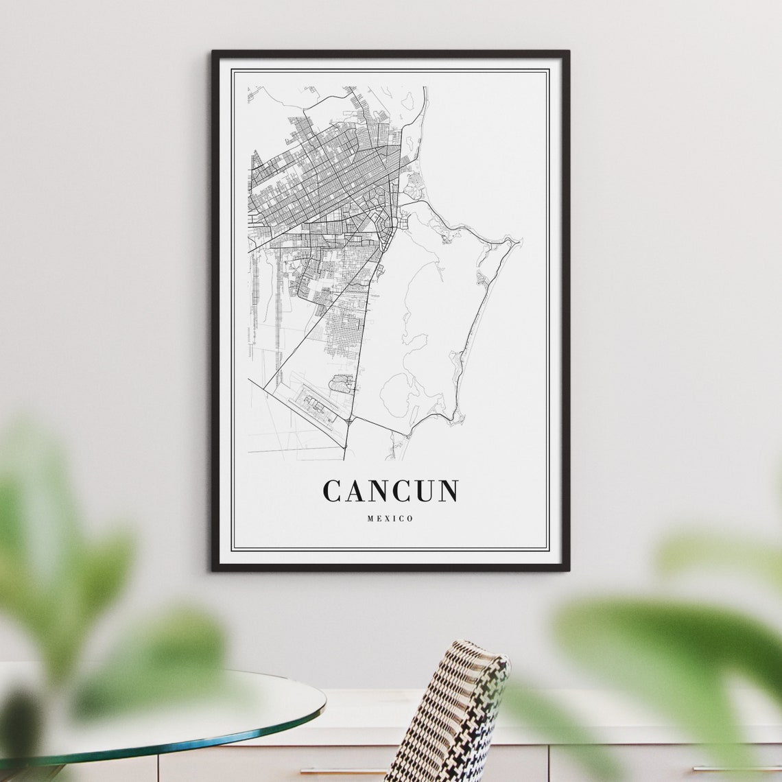 Cancun Mexico Black and White City Map Modern Minimalist Wall Art - Image 2