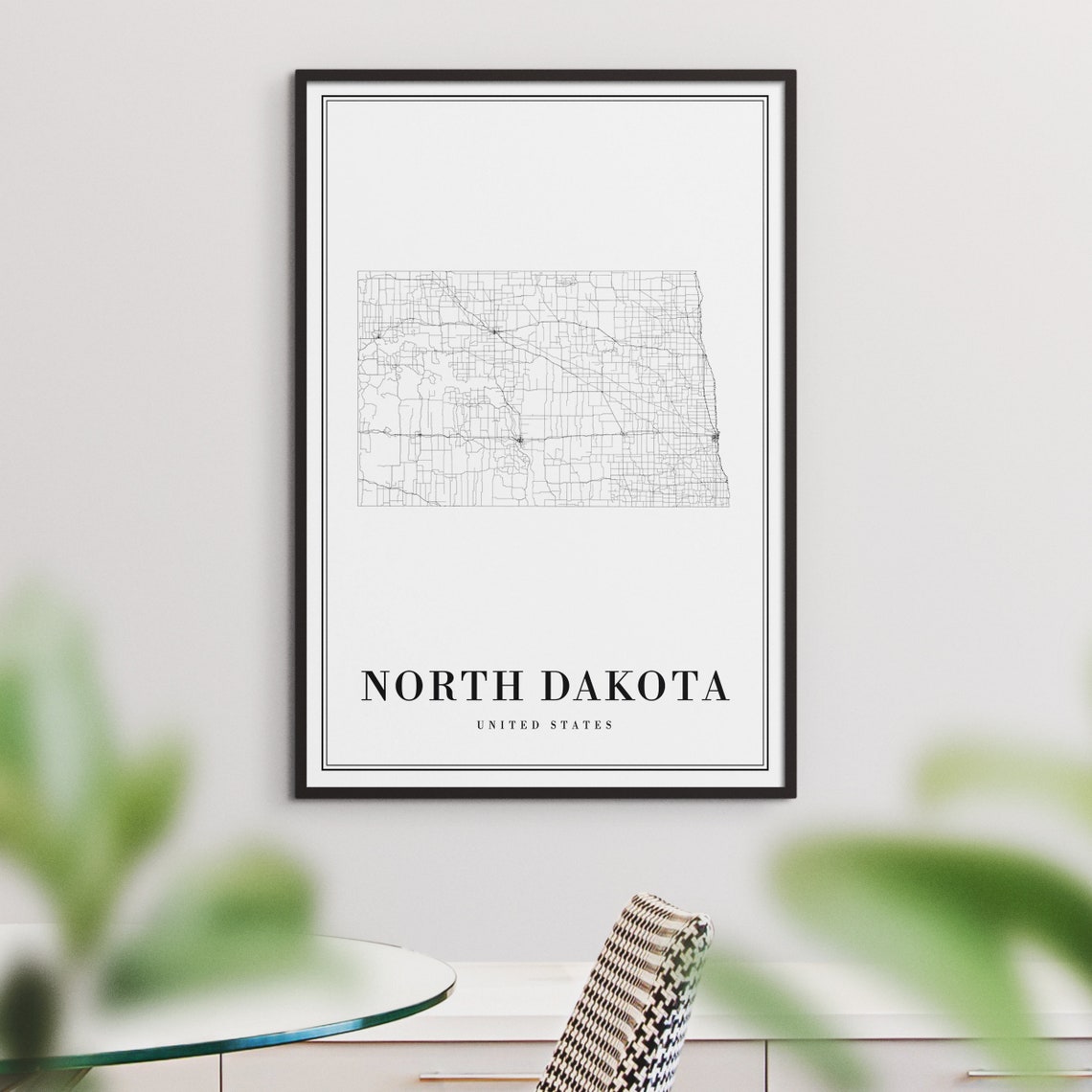 North Dakota State Road Map Minimalist Black White Art Poster - Image 2