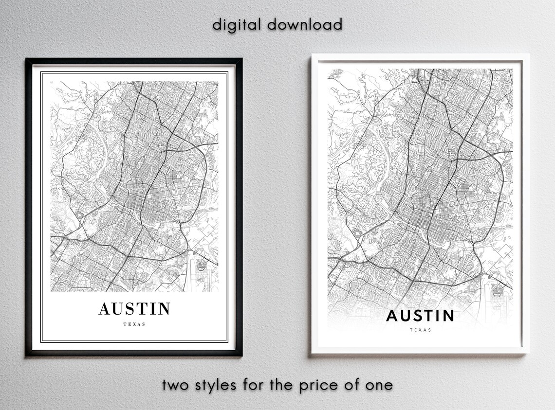 Austin Minimal Map Art Print, Black And White - Image 4