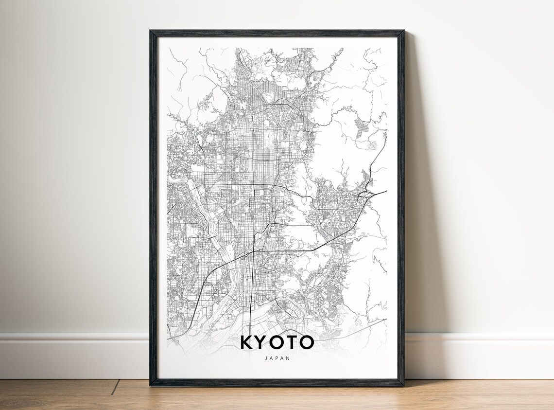 Kyoto Japan Minimalist Black And White Ancient City Street Map Poster