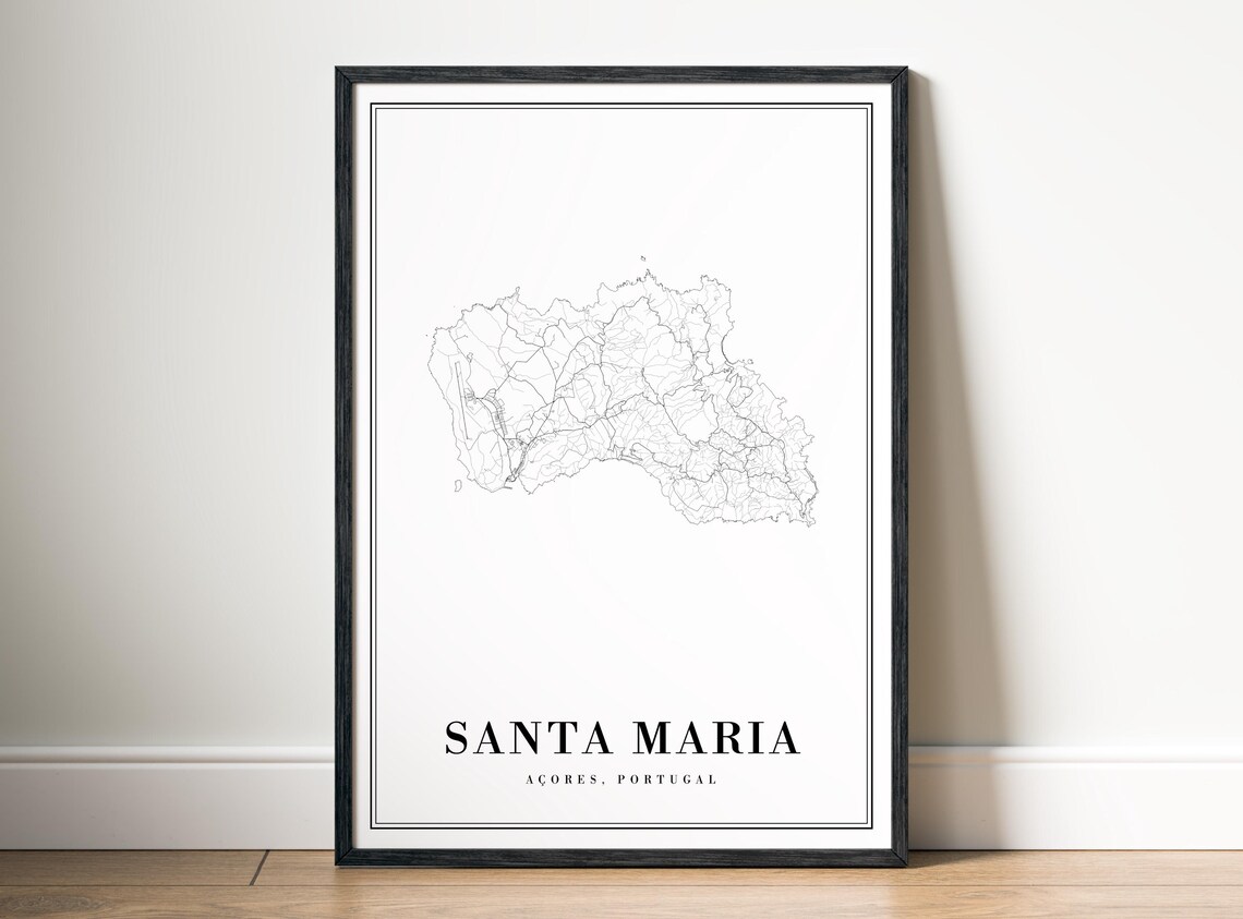Santa Maria Azores Portugal Island Map Black And White Line Art Poster
