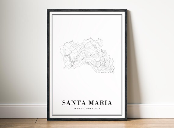 Santa Maria Azores Portugal Island Map Black And White Line Art Poster