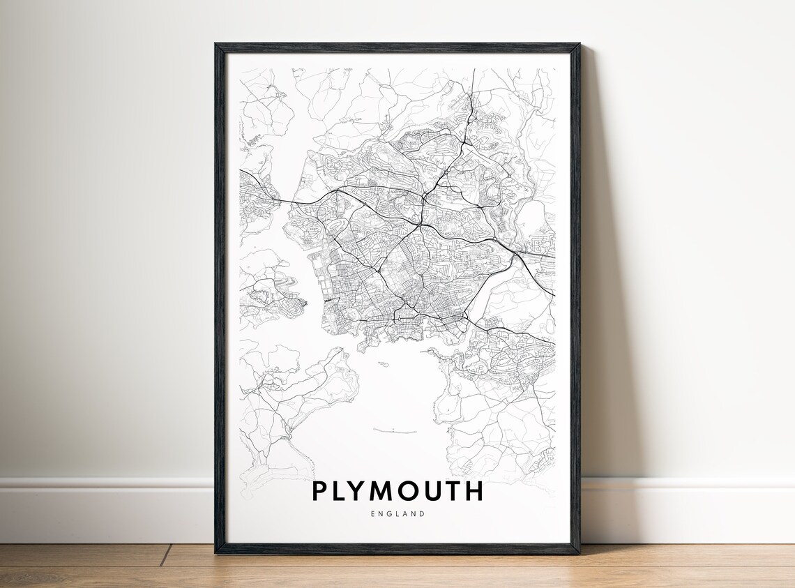 Plymouth Map Print England Poster Black And White Wall Art Line
