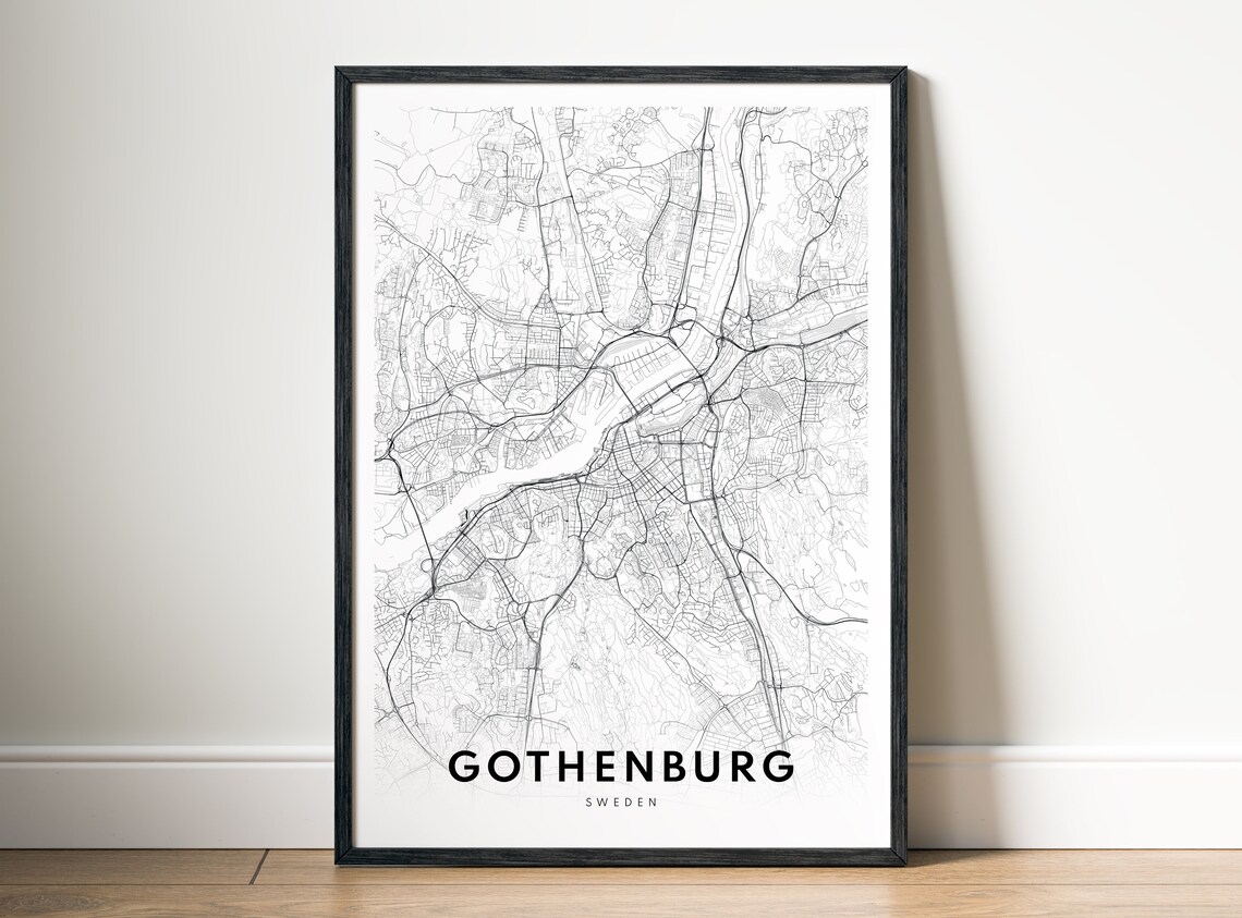 Gothenburg Map Print, Black And White Scandinavian Art