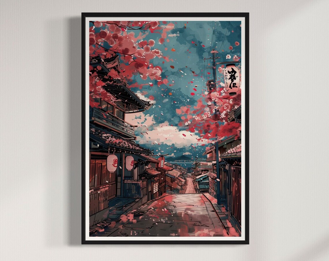 Japan Cherry Blossom Street Traditional Machiya Houses Travel Poster