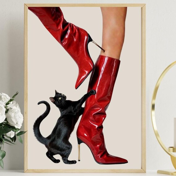 Black Cat Climbing Red Patent Stiletto Boots Fashion Cat Poster