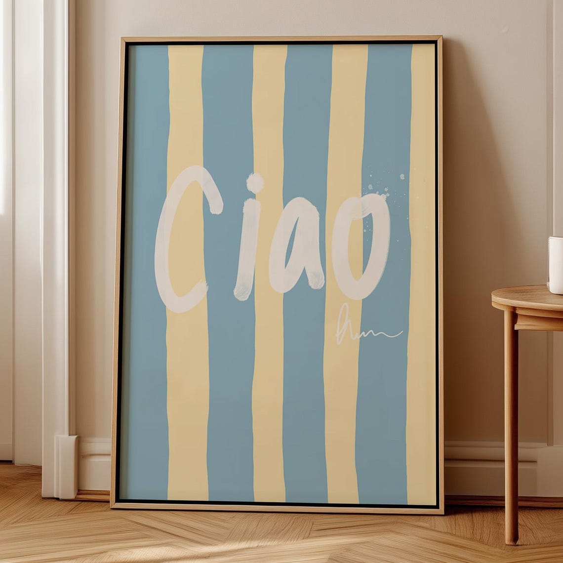 Ciao Italian Hand Drawn Script Blue Cream Striped Decor Poster