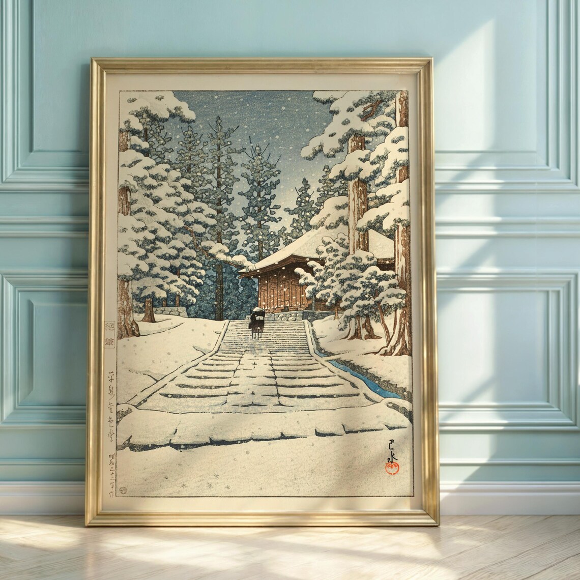 Hasui Kawase Snowy Temple Steps Japanese Woodblock Winter Poster