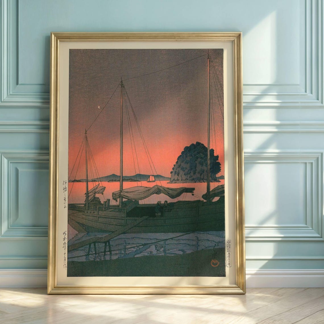 Hasui Kawase Harbour Sunset Boats Red Sky Japanese Art Poster