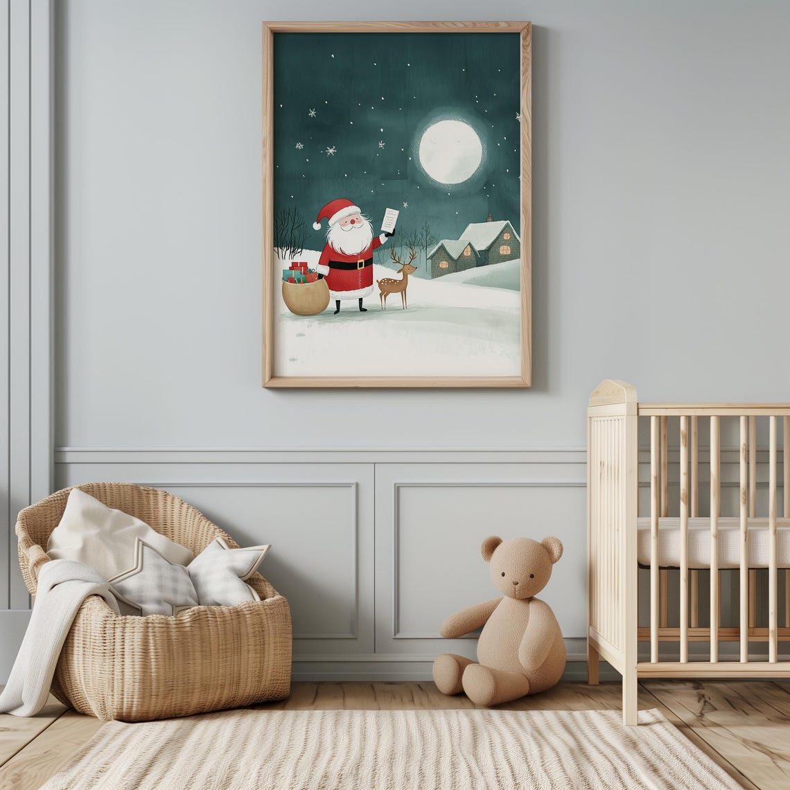 Santa Claus With Gift Sack and Reindeer Under the Full Moon Print - Image 2