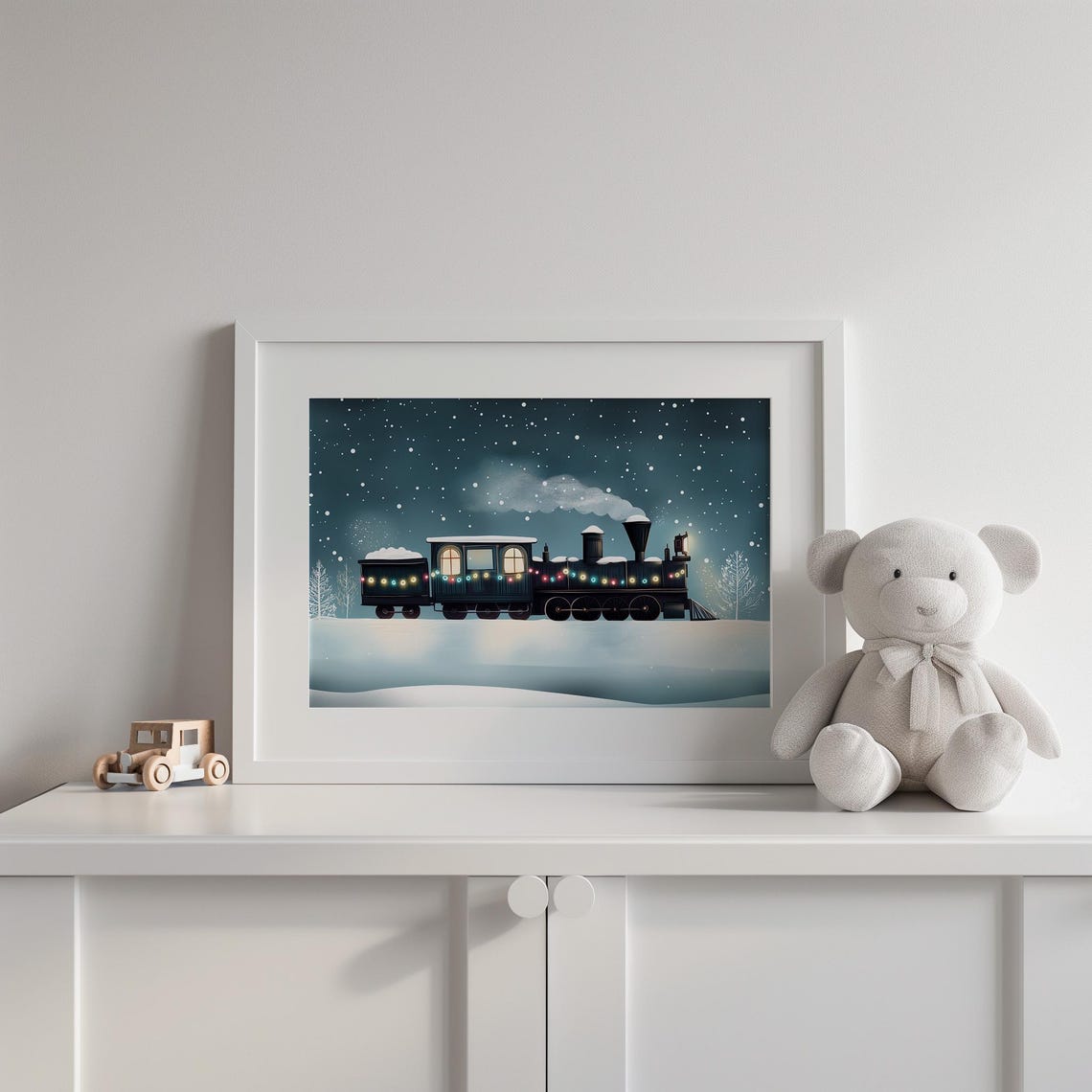 Christmas Steam Train Colorful Lights Snowy Night Watercolor Poster - Image 2