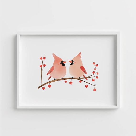 Two Cardinals Berry Branch Winter Birds Watercolor Nursery Poster