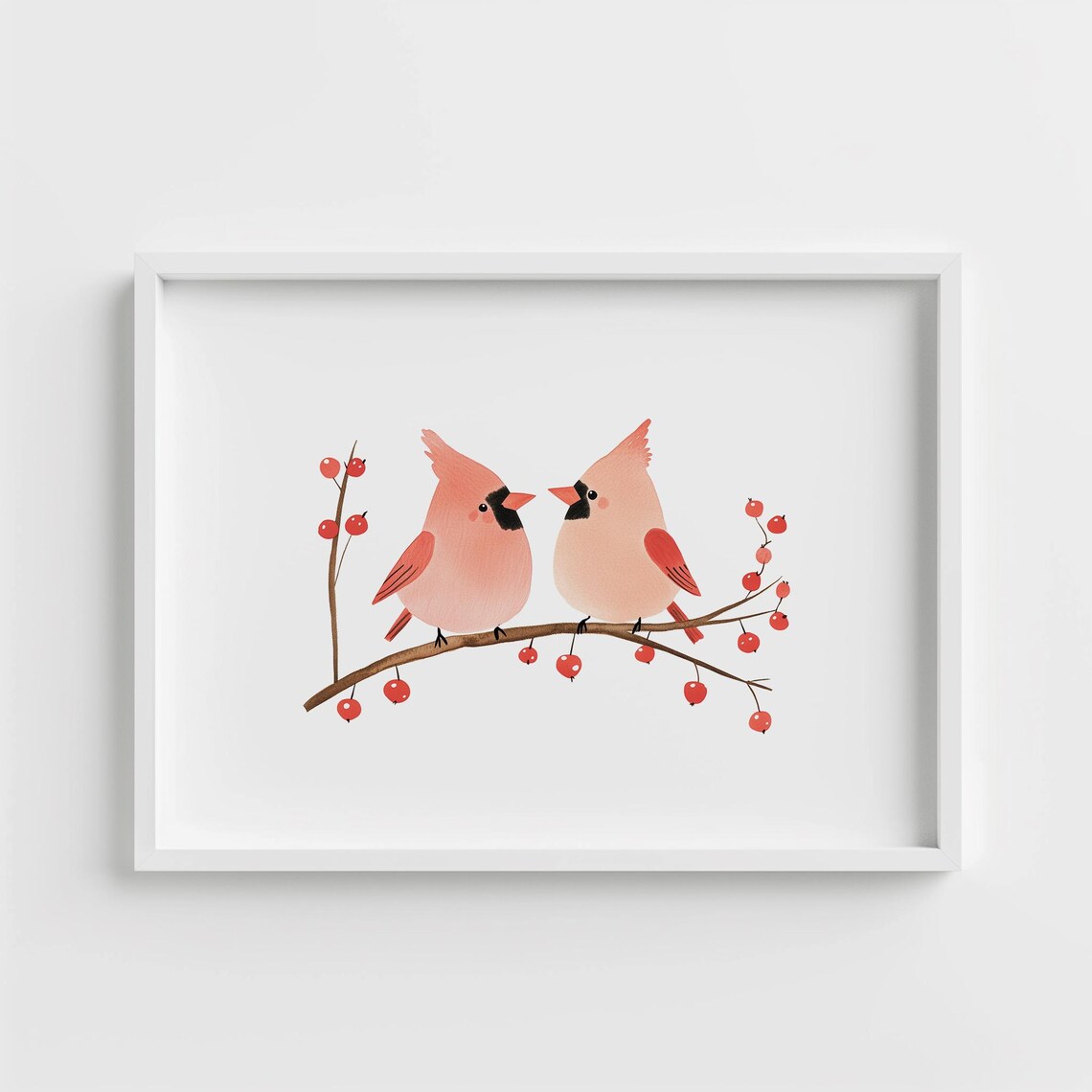 Two Cardinals Berry Branch Winter Birds Watercolor Nursery Poster