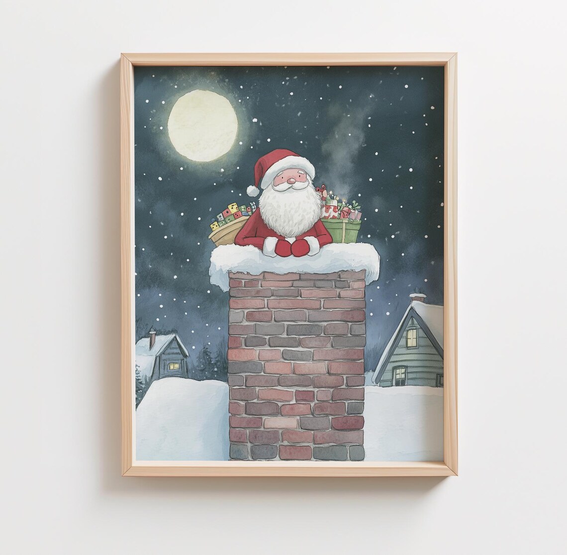 Santa Claus Snowy Chimney Full Moon Village Christmas Poster