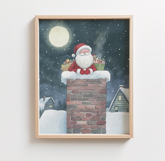 Santa Claus Snowy Chimney Full Moon Village Christmas Poster