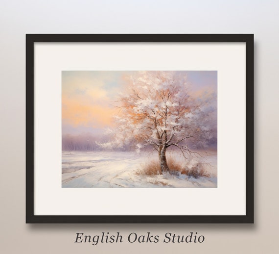 Vintage Frozen Solitary Tree Oil Painting Retro Moody Winter Scene Wall Art 03