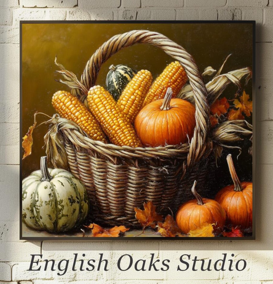 Harvest Basket with Corn Pumpkins and Gourds Fall Still Life Oil Art Poster