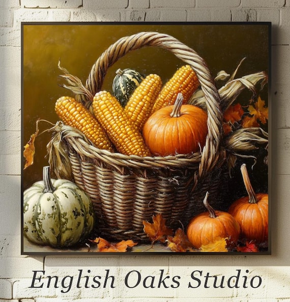 Harvest Basket with Corn Pumpkins and Gourds Fall Still Life Oil Art Poster