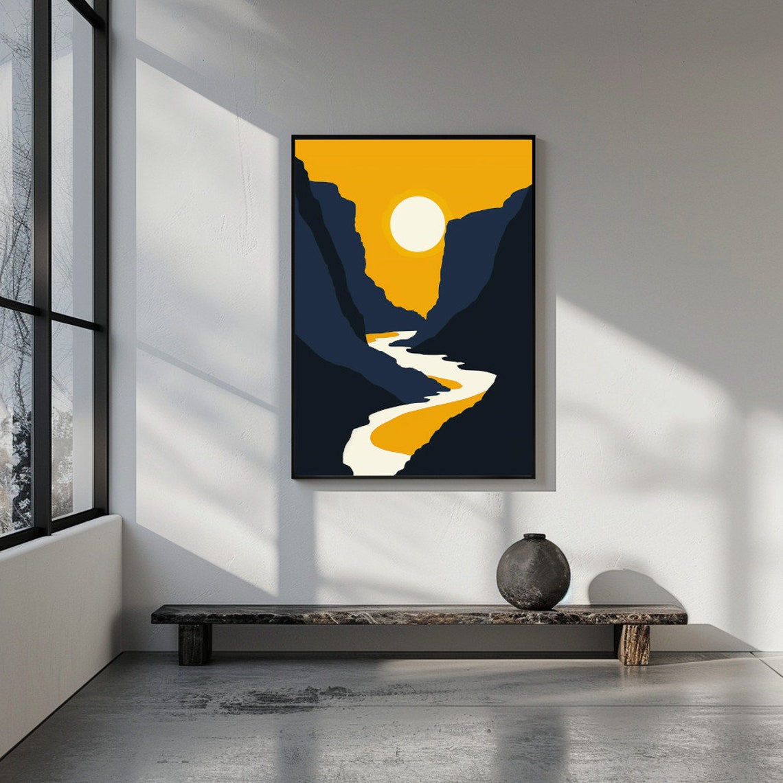 Midcentury Modern Mountains And Sun Blue Yellow Graphic Wall Art - Image 2