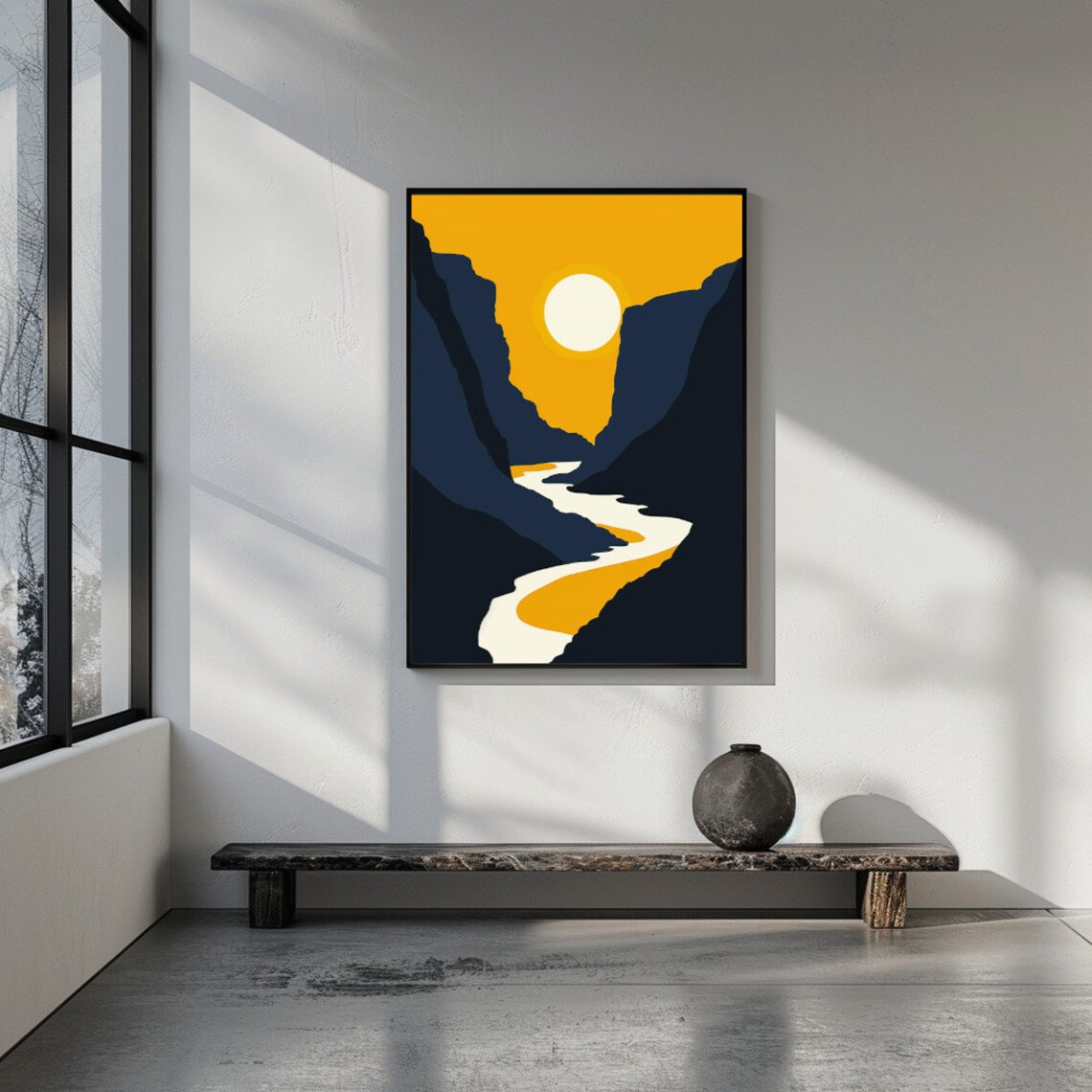 Midcentury Modern Mountains And Sun Blue Yellow Tones Landscape Wall Art Boho Landscape Print - Image 2