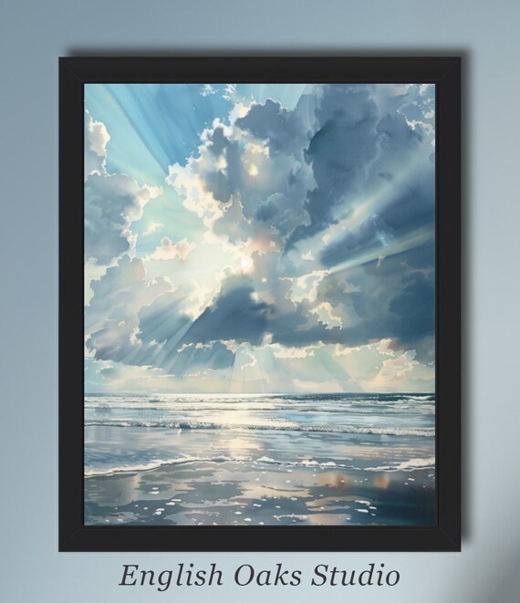 Stormy Ocean Cloudscape Sun Rays Vintage Moody Coastal Water Poster