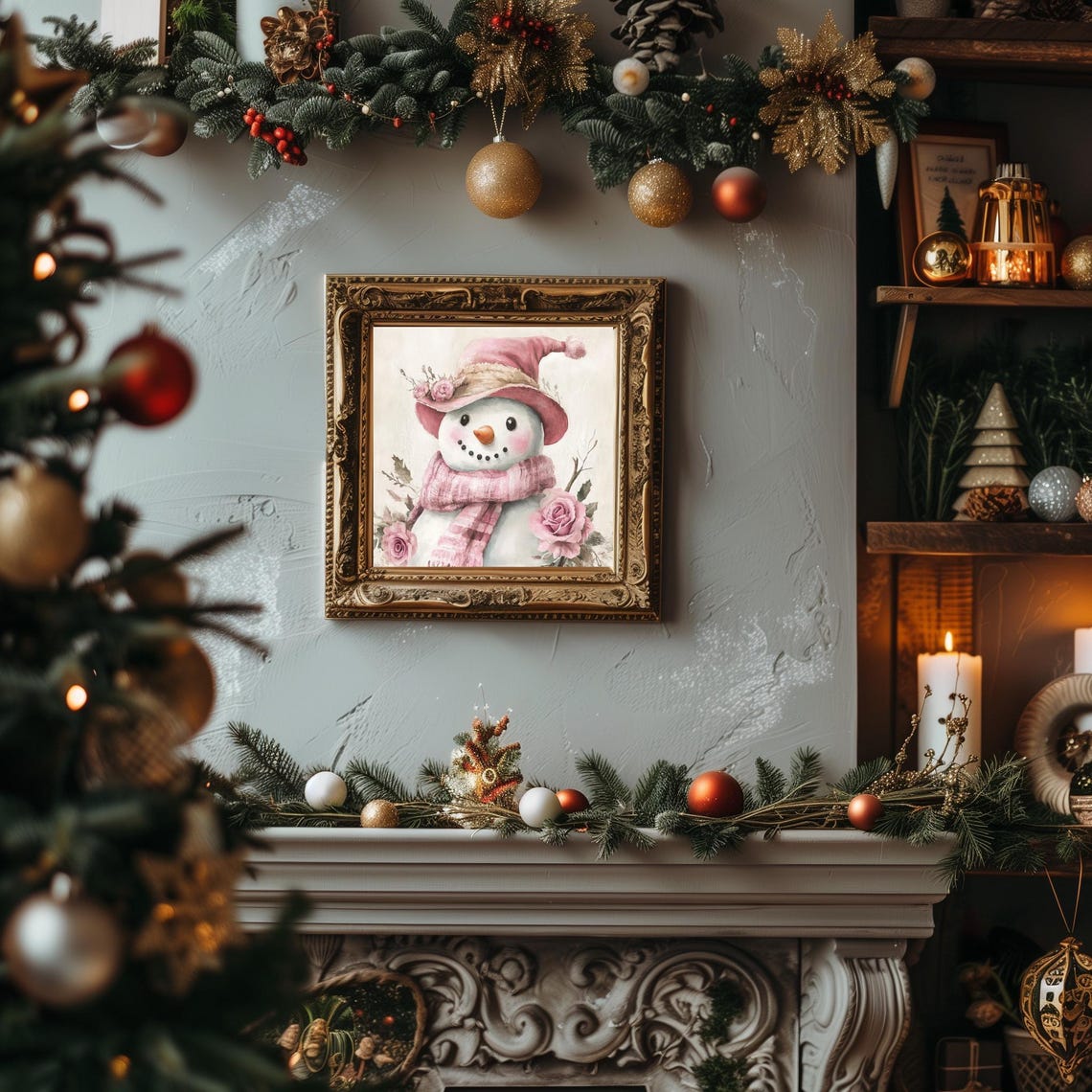 Farmhouse Snowman With Pink Hat Scarf And Roses Print Vintage Winter Season Pastel Holiday Decor Christmas Snowman Nursery Painting - Image 2