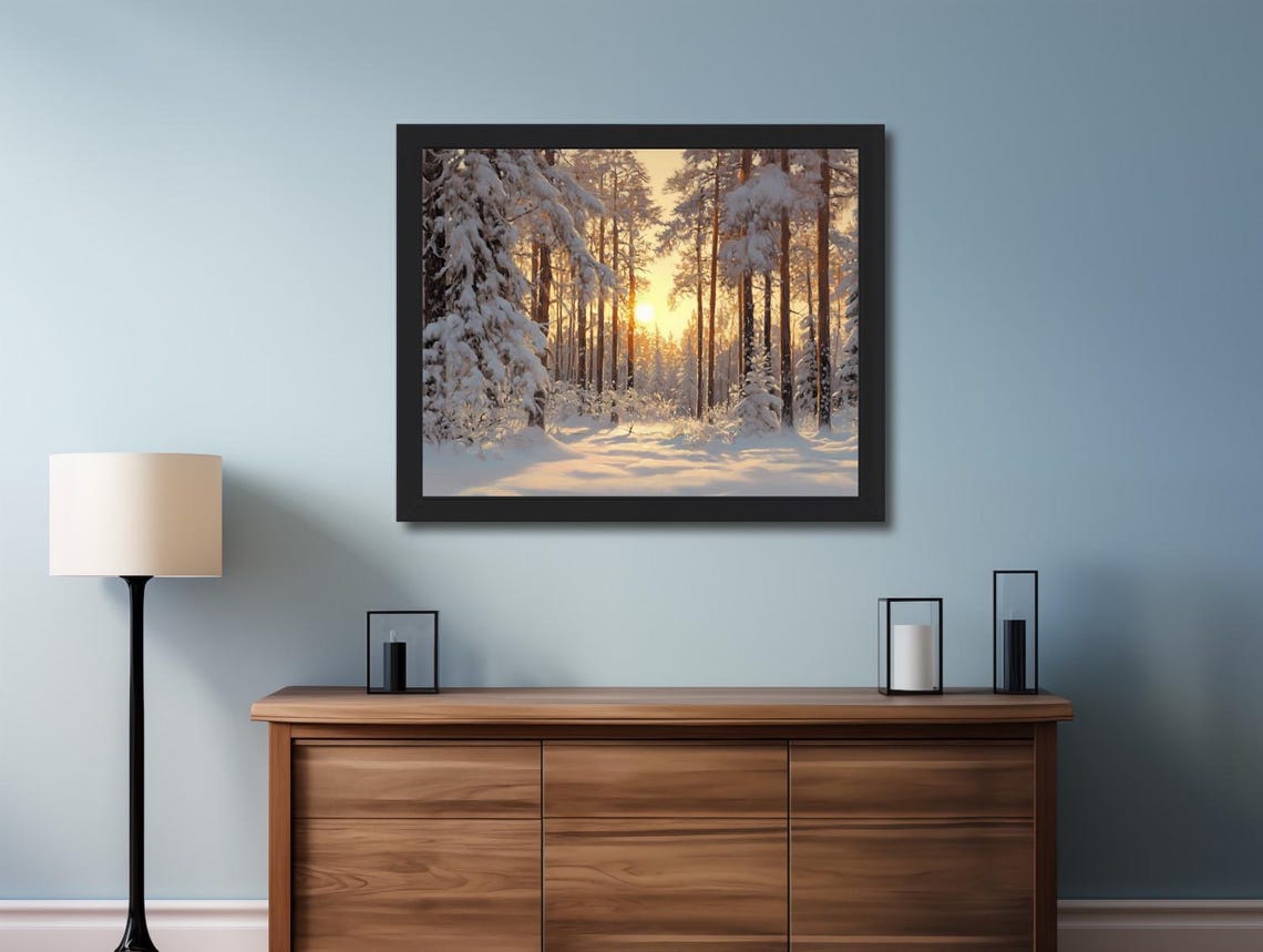Sunrise Through Snowy Pine Forest Winter Morning Light Poster - Image 2