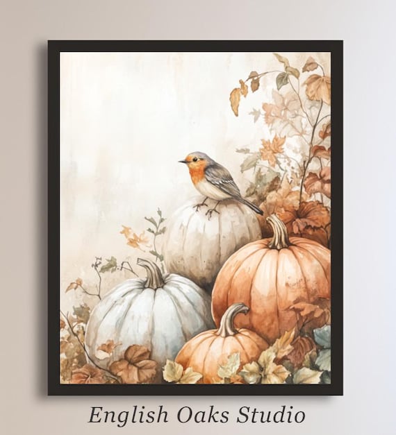Robin Perched on White Pumpkin Among Fall Pumpkins Watercolor Poster