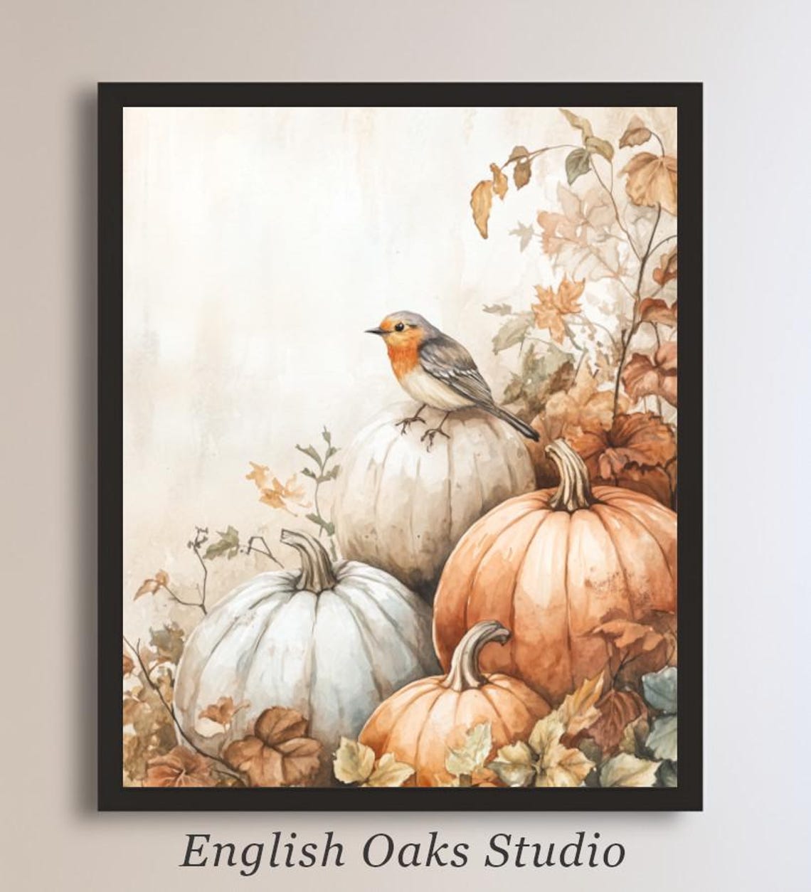 Robin Perched on White Pumpkin Among Fall Pumpkins Watercolor Poster
