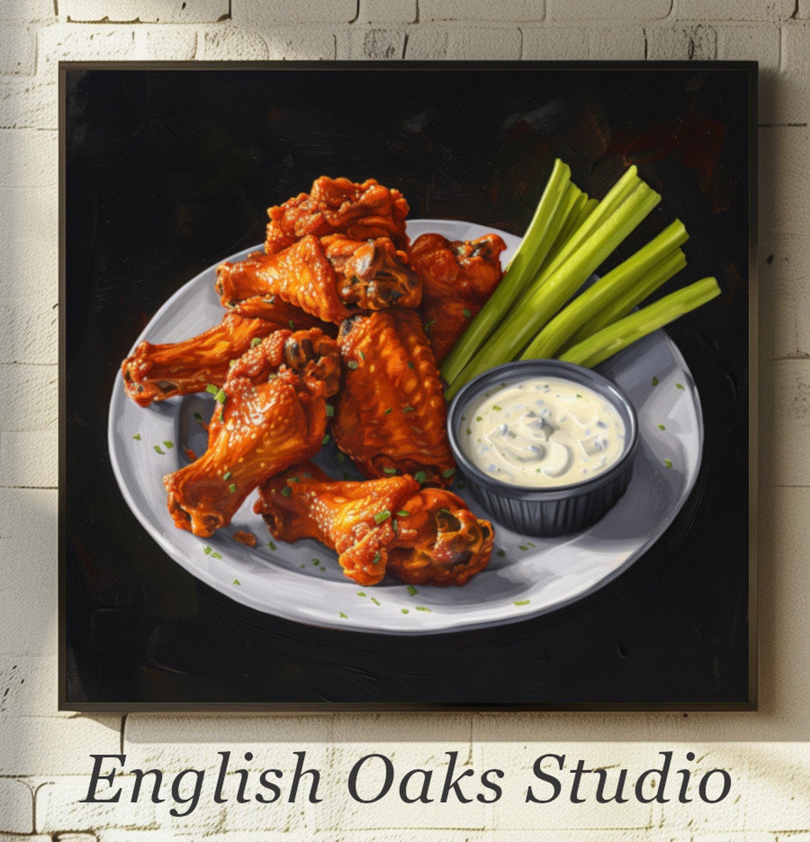 Vintage Farmhouse Southern Food On A White Plate Kitchen Still Life Painting Moody Chicken Wings And Celery Dark Comfort Food Art Print