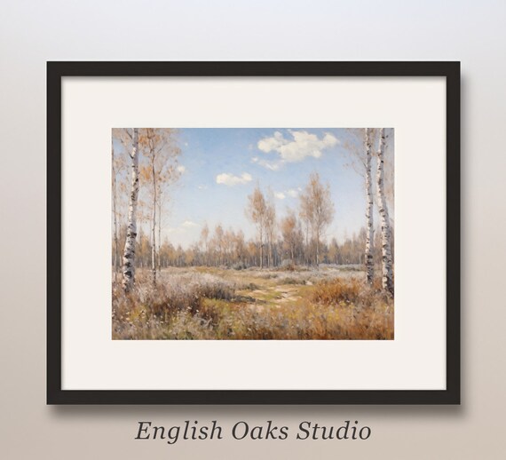White Birch Trees in Golden Autumn Field Under Blue Sky Poster
