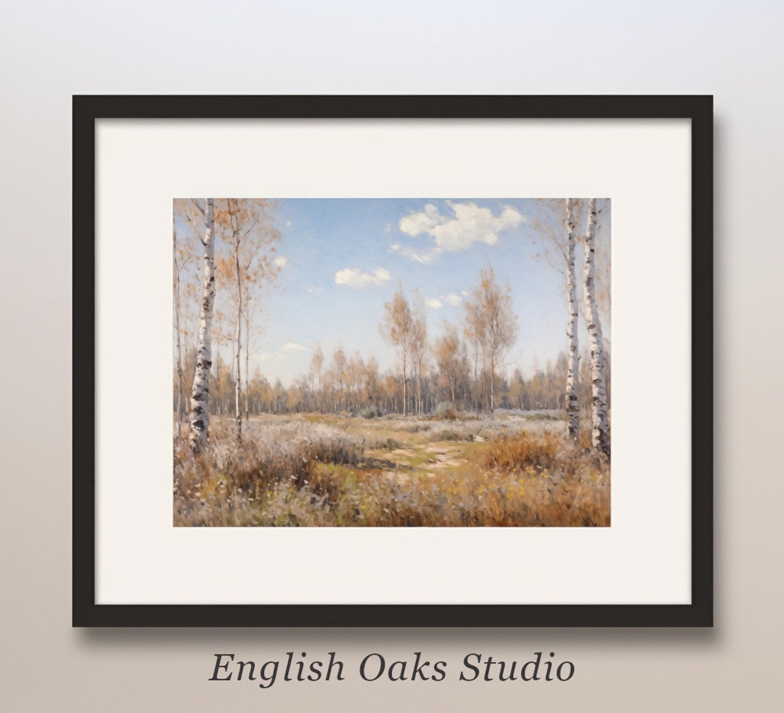 White Birch Trees in Golden Autumn Field Under Blue Sky Poster
