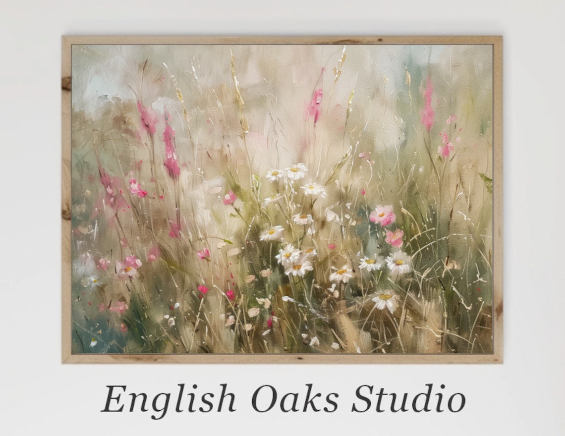 Wildflower Meadow Daisies Pink Blossoms Soft Neutral Floral Art Poster