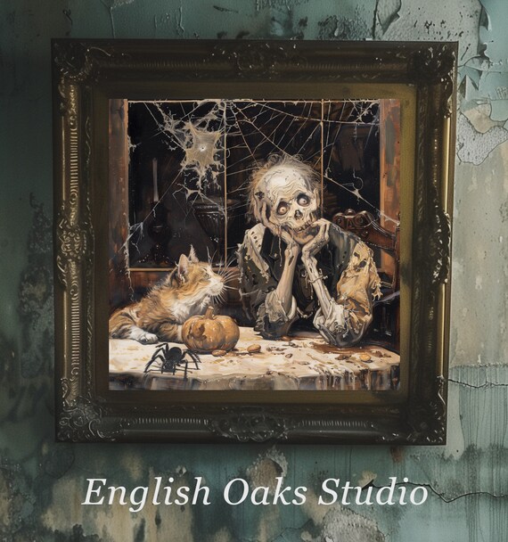 Skeleton Cat Table Pumpkin Spider Cobwebs Gothic Dark Academia Art Poster